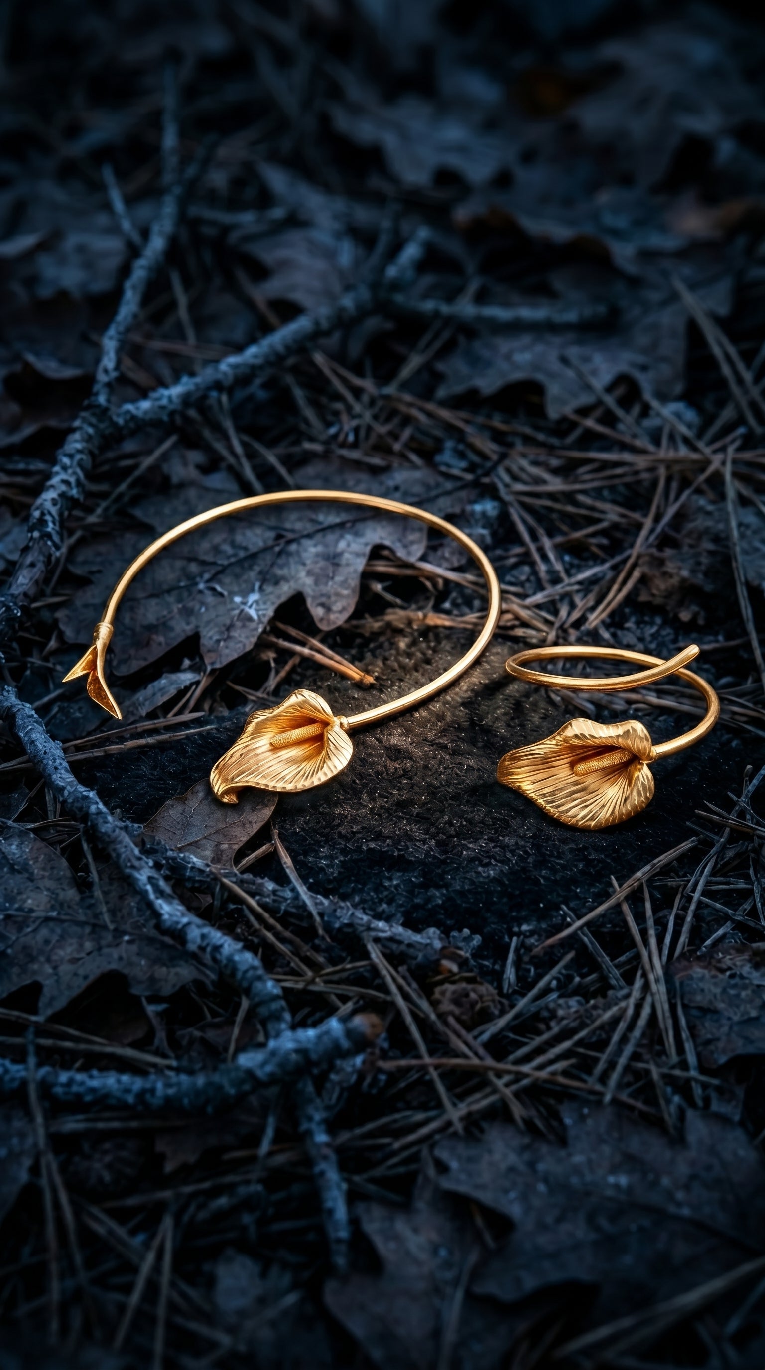 Gold-Tone Calla Lily Jewelry Set - Open Cuff Choker & Adjustable Ring Bracelet - Floral Botanical Statement Accessory for Women
