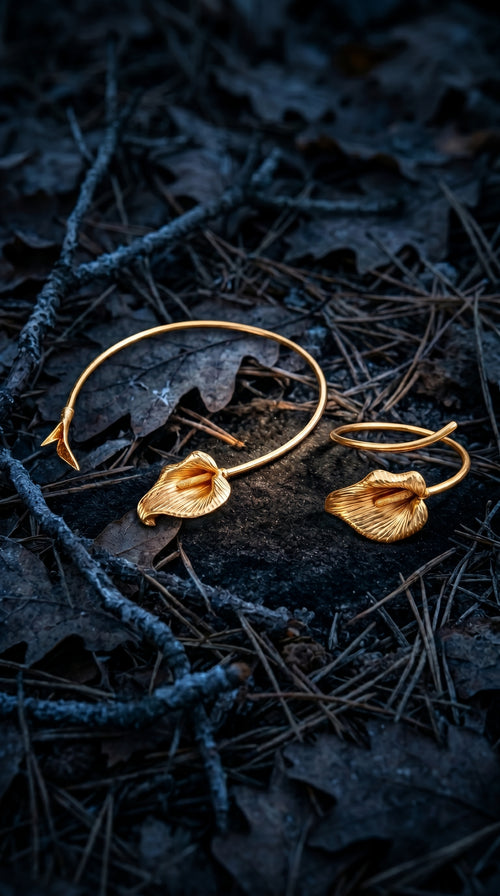 Gold-Tone Calla Lily Jewelry Set - Open Cuff Choker & Adjustable Ring Bracelet - Floral Botanical Statement Accessory for Women